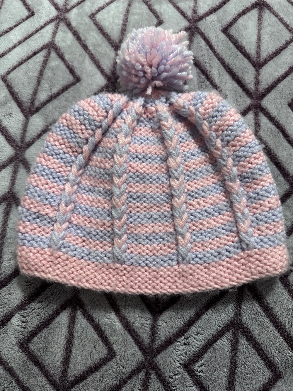 Hand-Knit Kids Pom Pom Beanie - Pink & Lilac